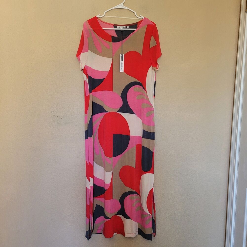 Chico's Travelers Classic Abstract Maxi Long Dress Size 2 Large Stretchy Art Nwt